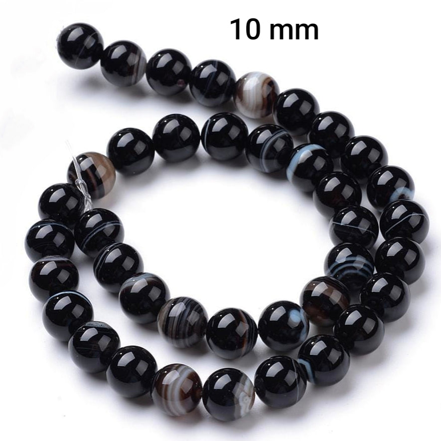 Agate Noire Naturelle — Perles Rondes 6/8/10mm | Fil ~39 cm