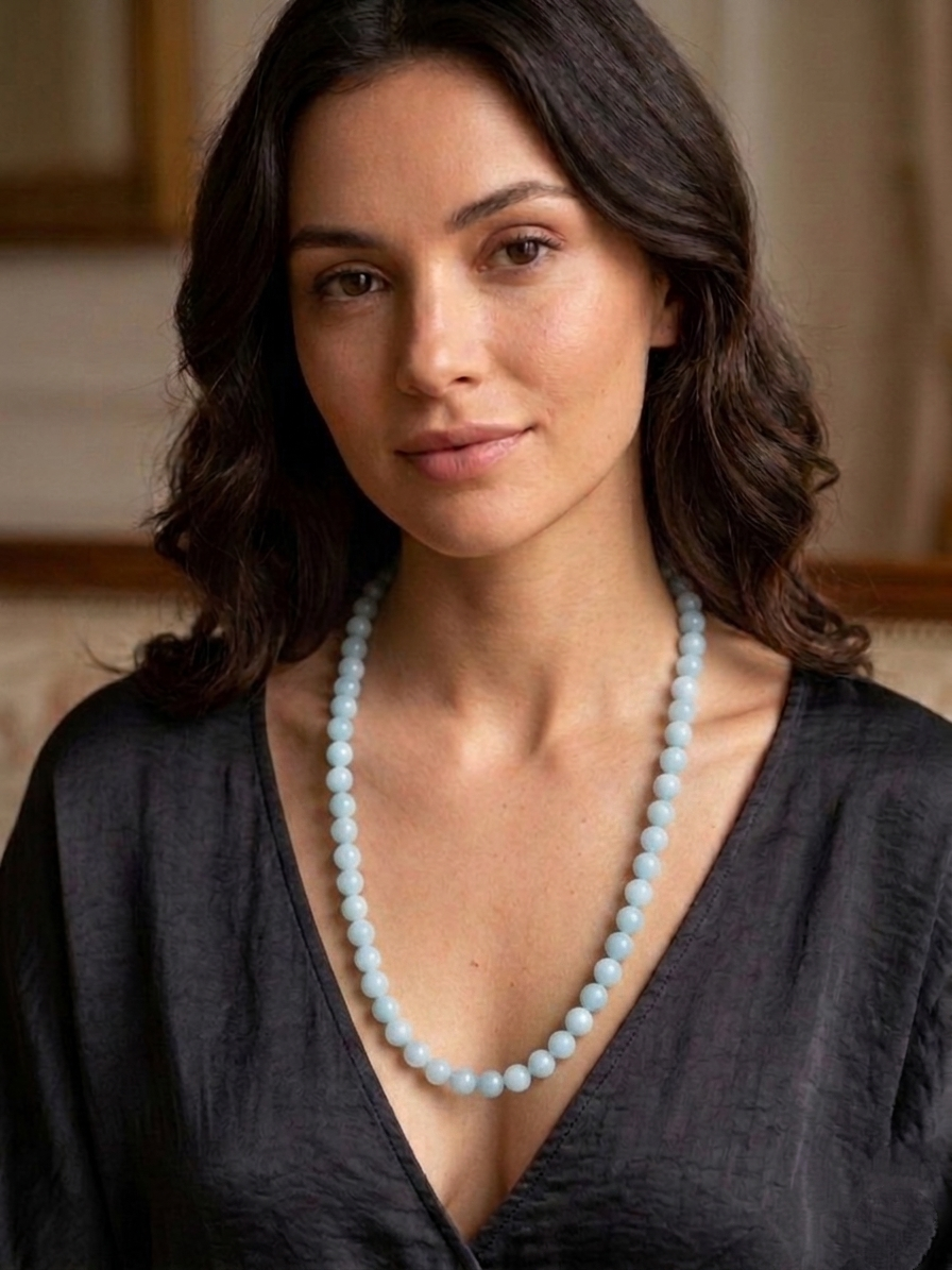 Natural Aquamarine Chalcedony Necklace — 10mm Beads | 75 cm