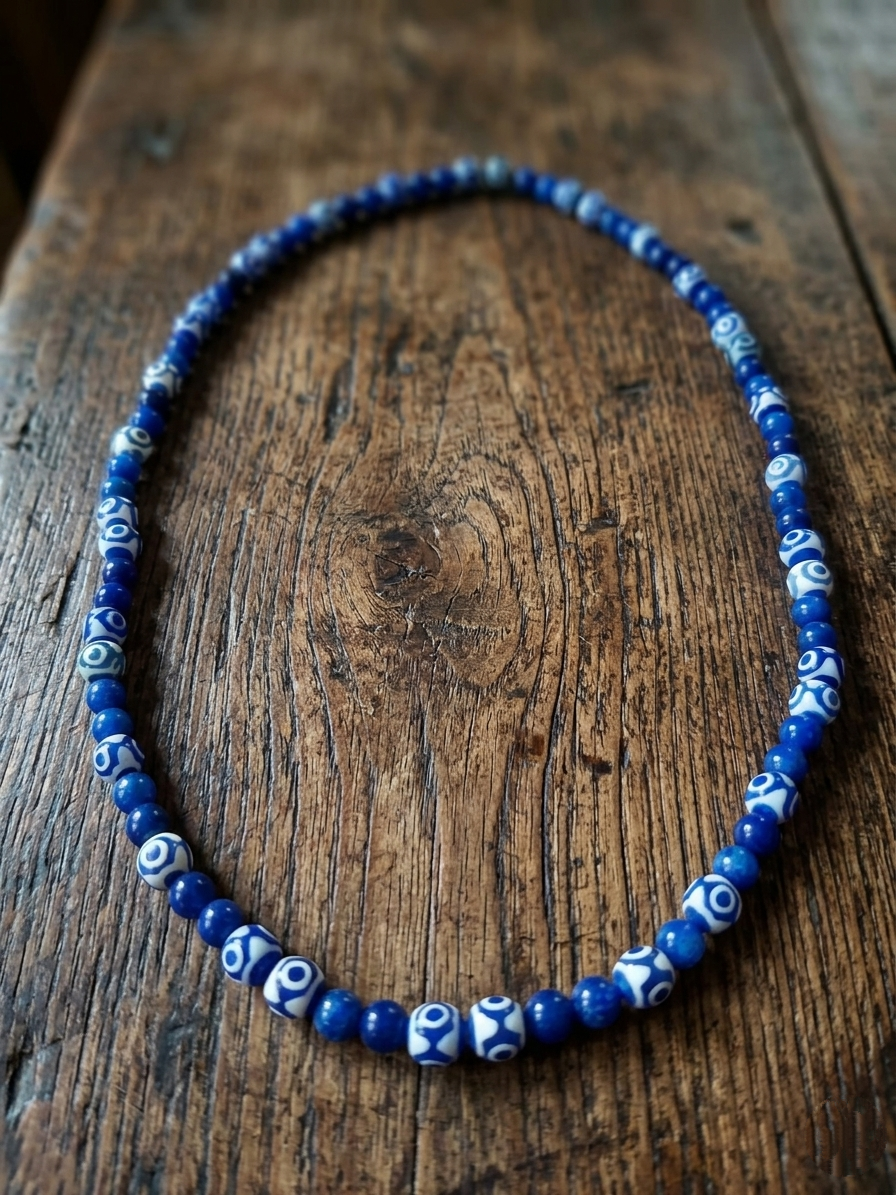 Tibetan Dzi Agate and Mashan Jade Mala Necklace — 75 cm