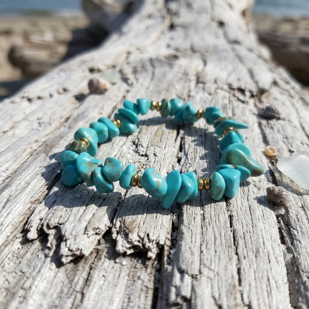 Bracciale di Turchese ed Ematite Dorata — Chips 3-5mm | 19 cm