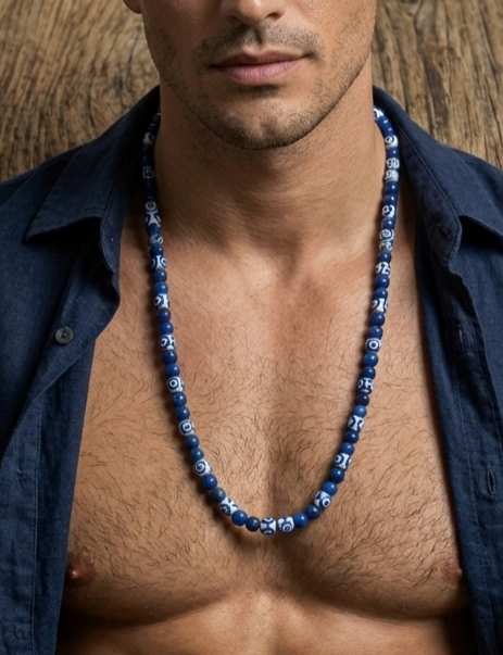 Tibetan Dzi Agate and Mashan Jade Mala Necklace — 75 cm
