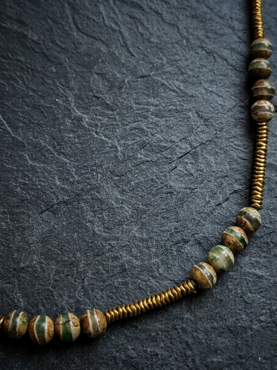 Tibetan Dzi Stripe Agate and Antique Gold Hematite Mala Necklace — 75 cm