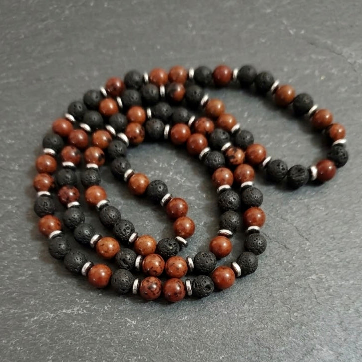 Collana Mala di Ossidiana Mogano, Roccia Lavica ed Ematite — Sfere 8mm | 75 cm