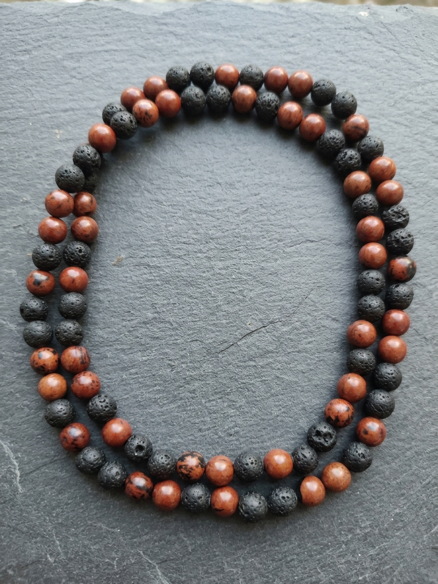 Mahogany Obsidian and Lava Rock Mala Necklace — 8mm Beads | 75 cm