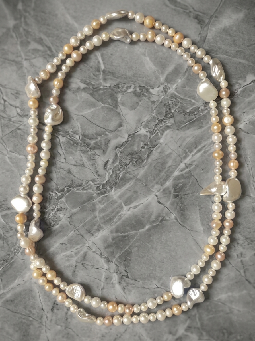 Natural Pearl and Mother of Pearl Necklace — White, Silver, and Pink | 135 cm