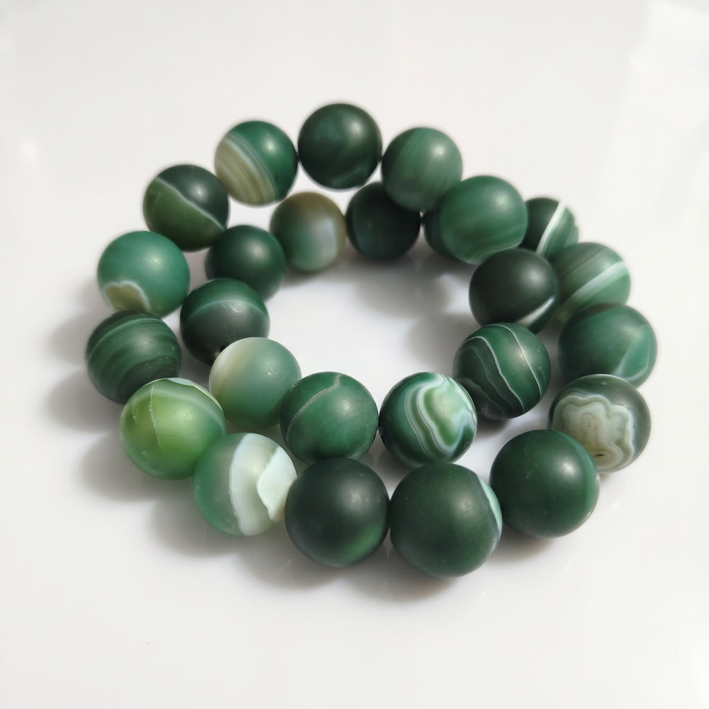 Collana di Agata Verde Satinata — Perline Tonde 14mm | 45 cm