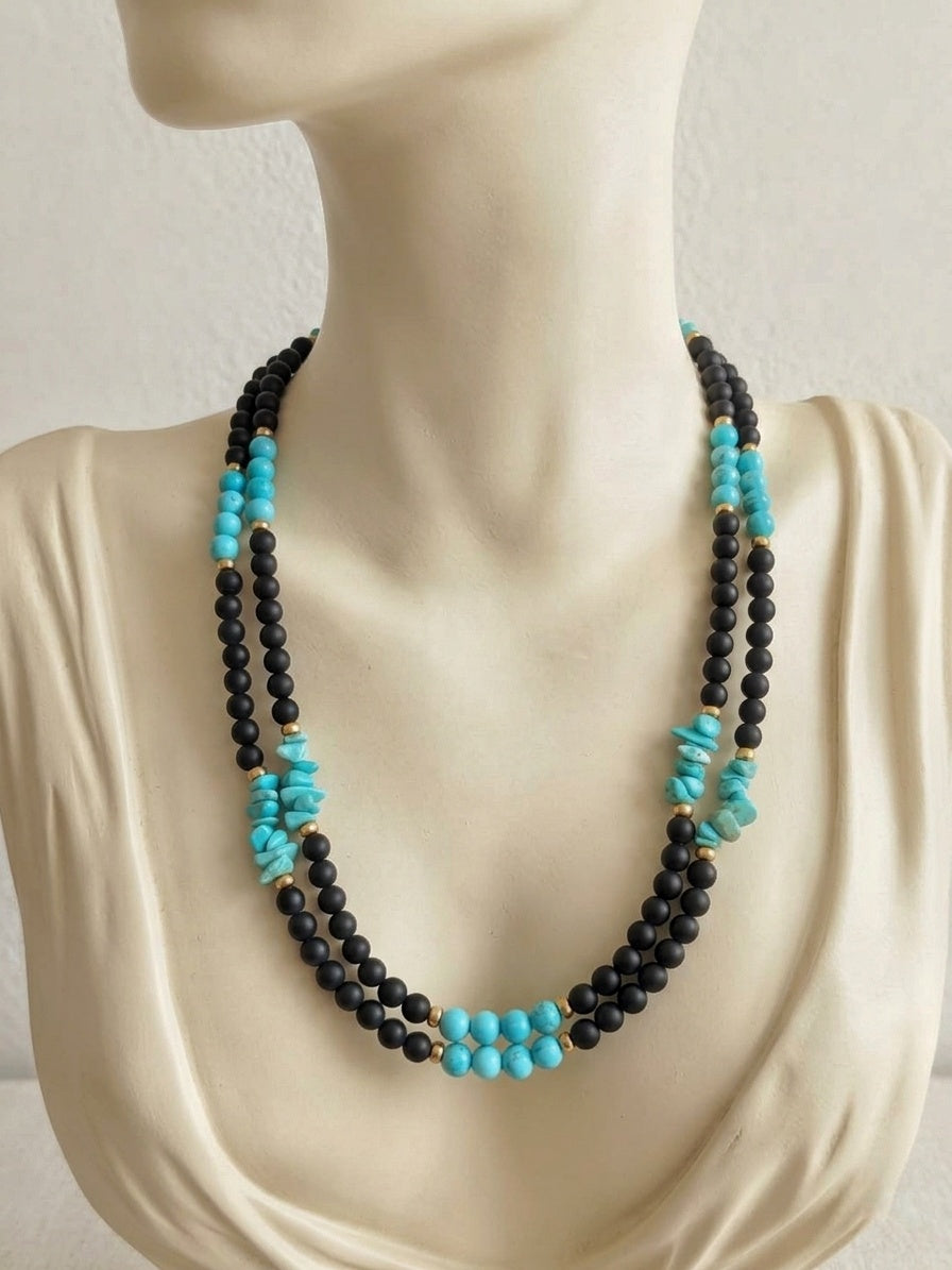 Long Necklace Black Agate, Turquoise and Golden Hematite — 120 cm