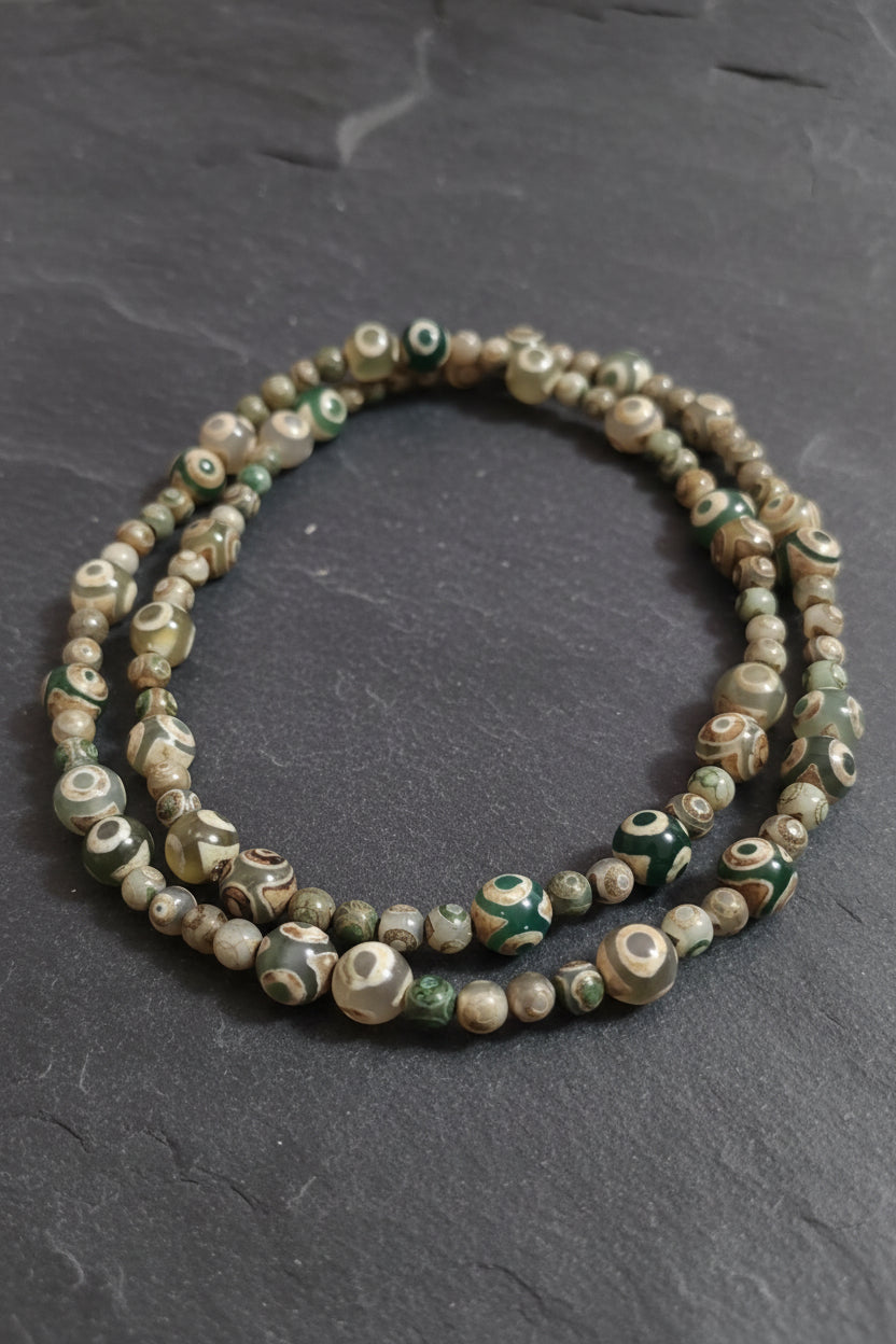 Tibetan Dzi 3 Eye Agate Mala Necklace — 6/10mm Stones | 75 cm