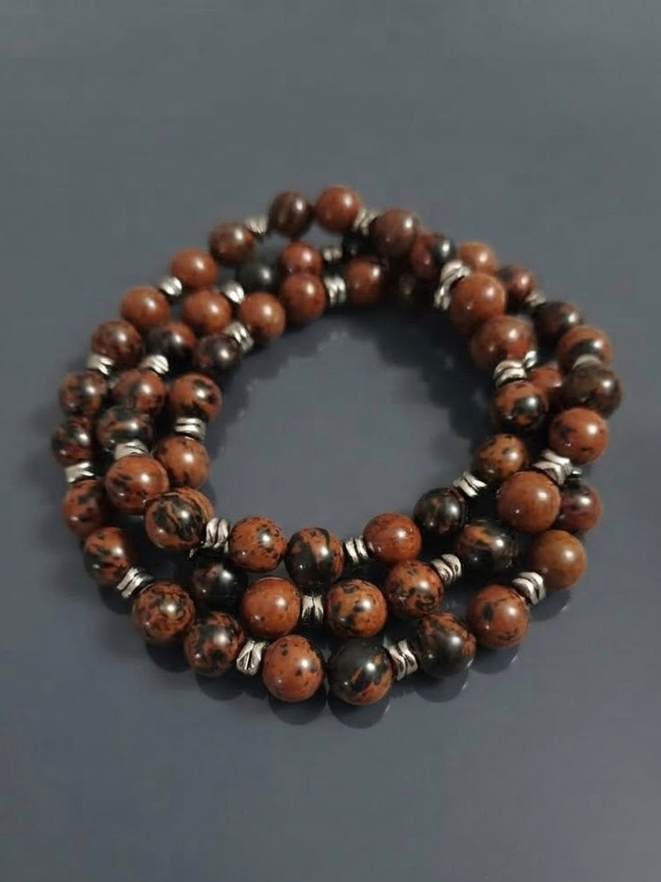 Collana Mala di Ossidiana Mogano ed Ematite — Sfere 10mm | 75 cm