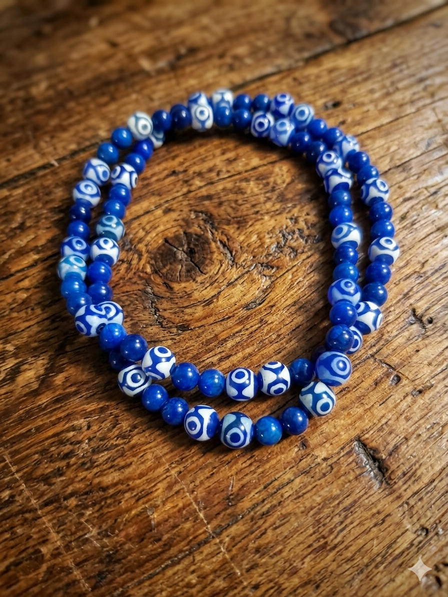 Tibetan Dzi Agate and Mashan Jade Mala Necklace — 75 cm