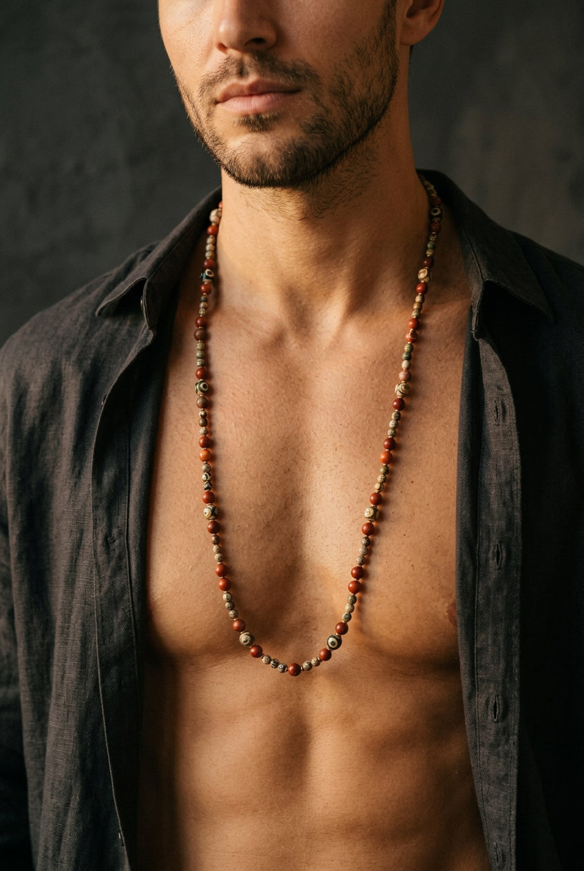 Collana Mala di Agata Tibetana Dzi 3 Eye, Diaspro Rosso ed Ematite dorata — 80 cm