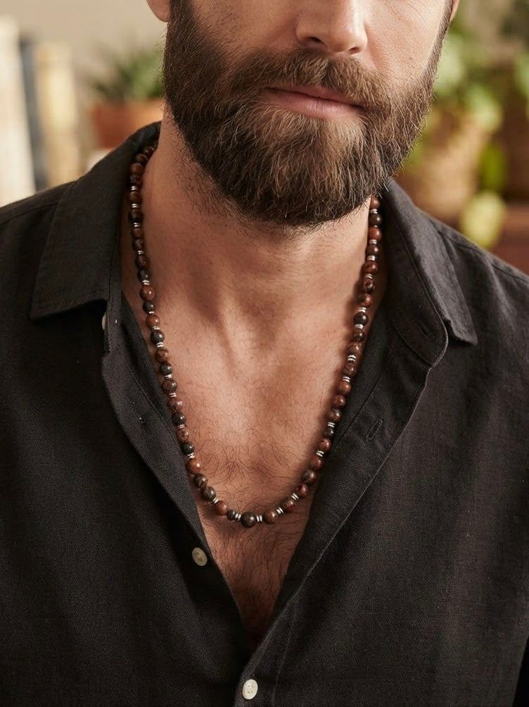 Collana Mala di Ossidiana Mogano ed Ematite — Sfere 10mm | 75 cm