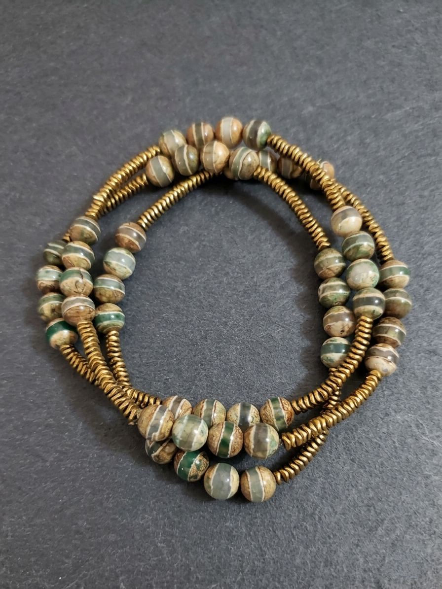Tibetan Dzi Stripe Agate and Antique Gold Hematite Mala Necklace — 75 cm