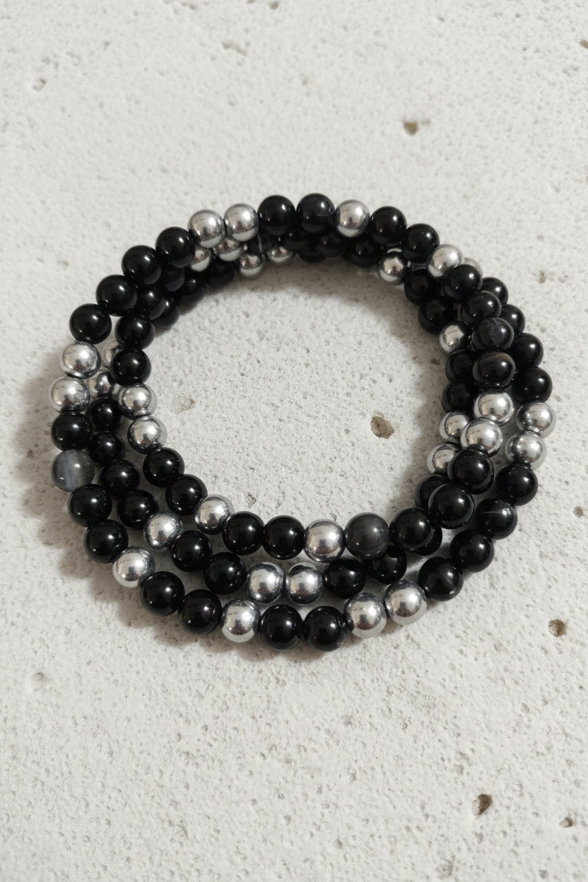 Black Agate and Hematite Mala Necklace — 8mm Beads | 75 cm