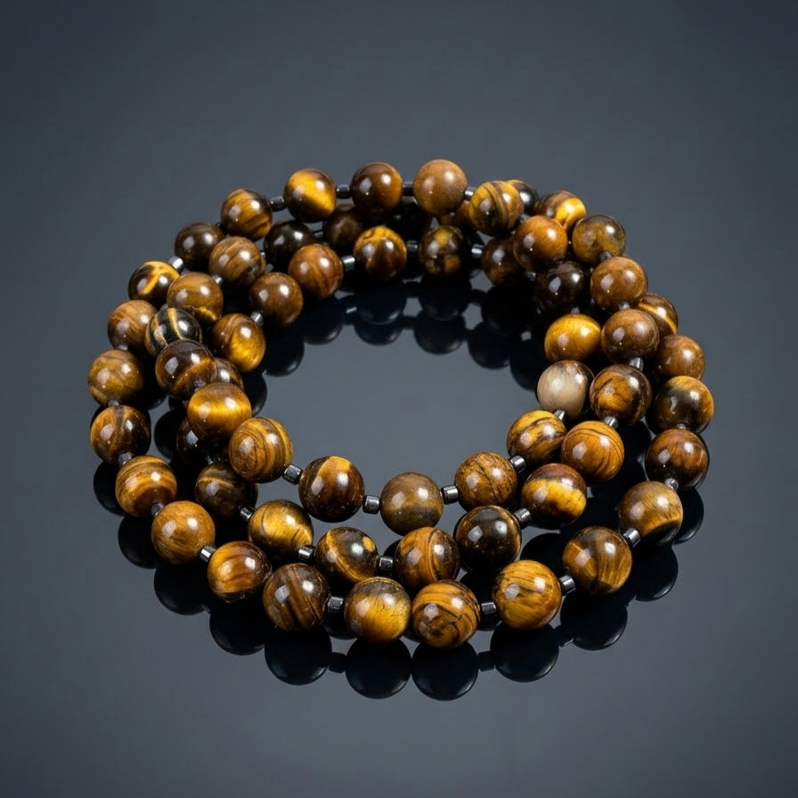 Collana Mala di Occhio di Tigre ed Ematite — Sfere 10mm | 80 cm