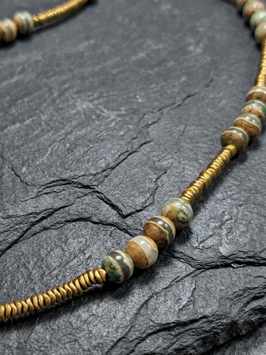 Tibetan Dzi Stripe Agate and Antique Gold Hematite Mala Necklace — 75 cm