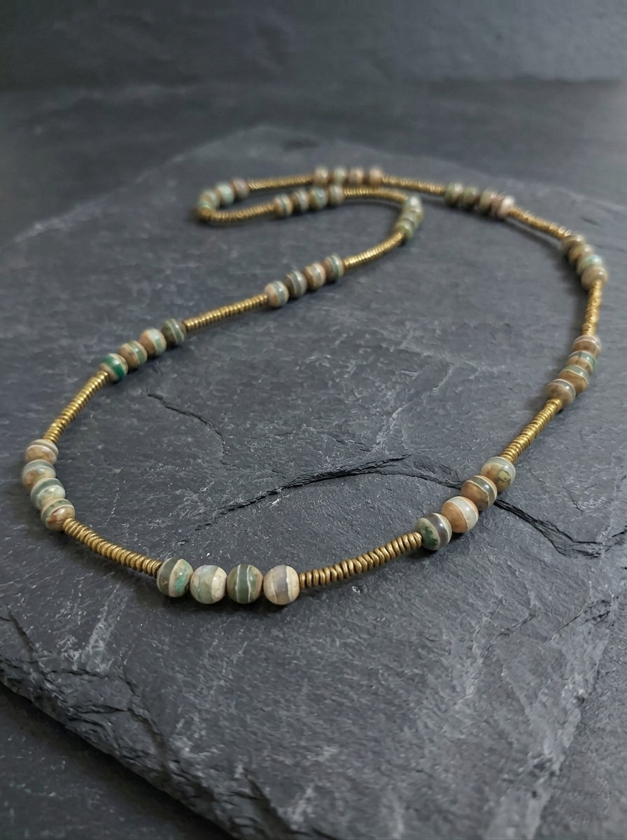 Tibetan Dzi Stripe Agate and Antique Gold Hematite Mala Necklace — 75 cm