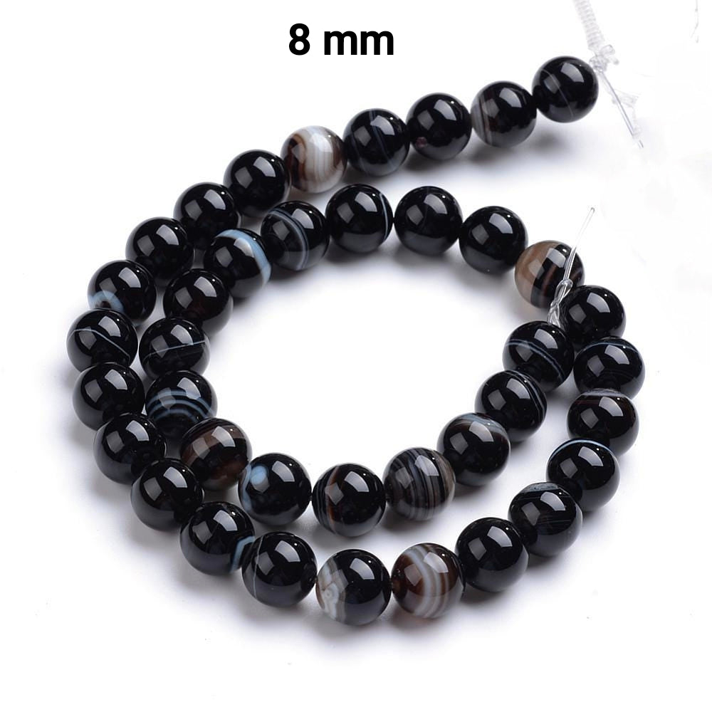 Agate Noire Naturelle — Perles Rondes 6/8/10mm | Fil ~39 cm