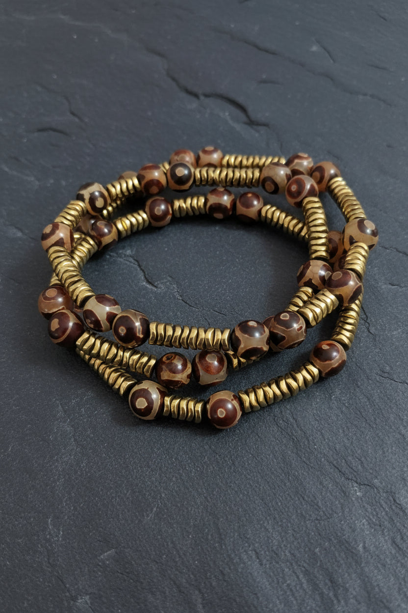 Tibetan Dzi Agate and Antique Gold Hematite Mala Necklace — 75 cm