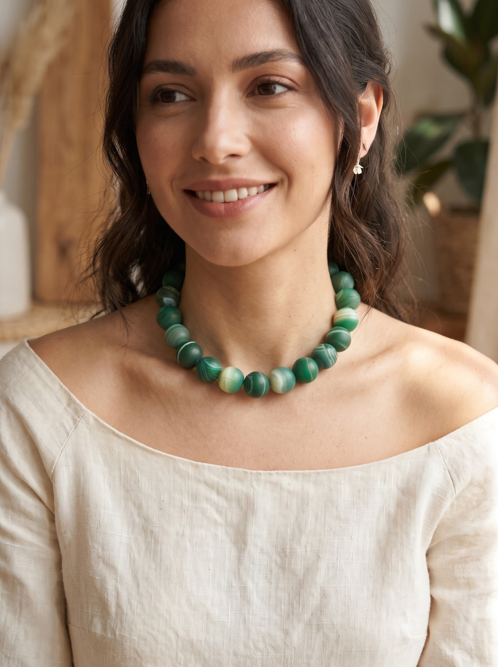 Collana di Agata Verde Satinata — Perline Tonde 14mm | 45 cm