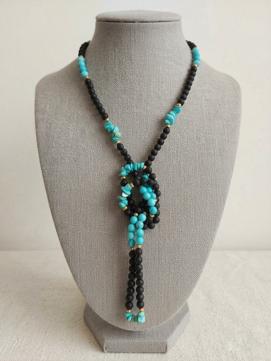 Long Necklace Black Agate, Turquoise and Golden Hematite — 120 cm