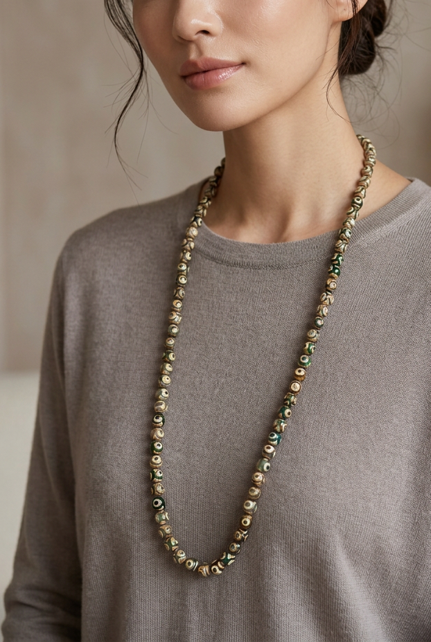 Collana Mala annodata di Agata Tibetana Dzi 3 Eye — Sfere 10mm | 85 cm