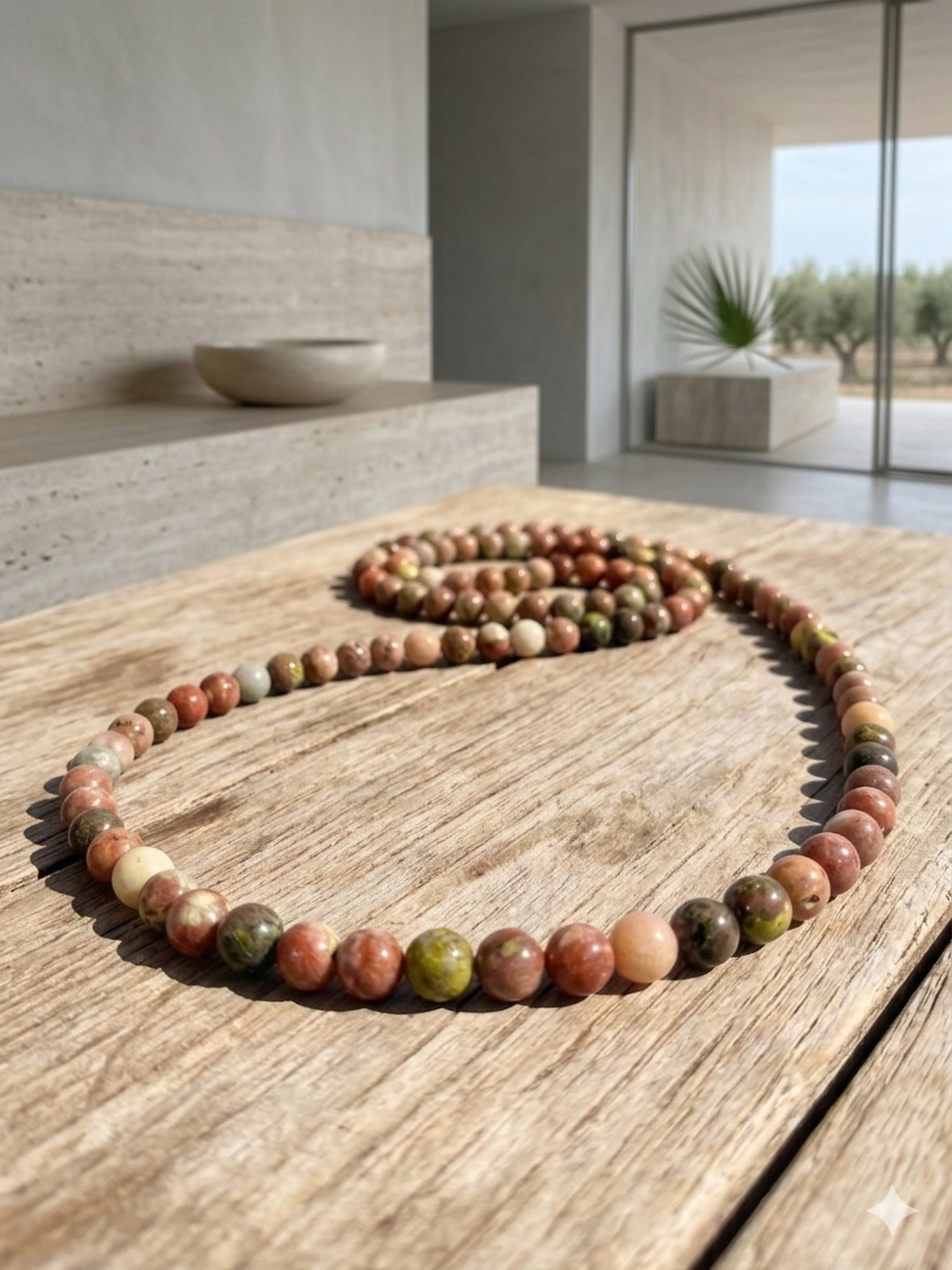 Natural Plum Blossom Jasper Necklace — 8mm Beads | 120 cm