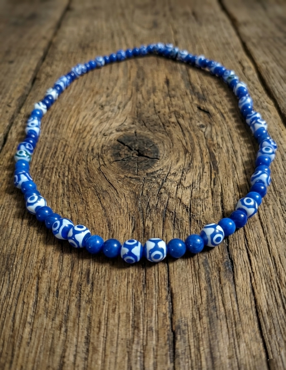 Tibetan Dzi Agate and Mashan Jade Mala Necklace — 75 cm