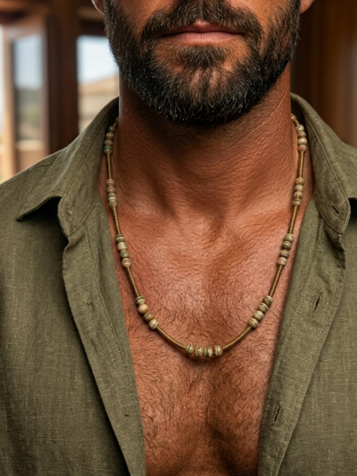 Tibetan Dzi Stripe Agate and Antique Gold Hematite Mala Necklace — 75 cm
