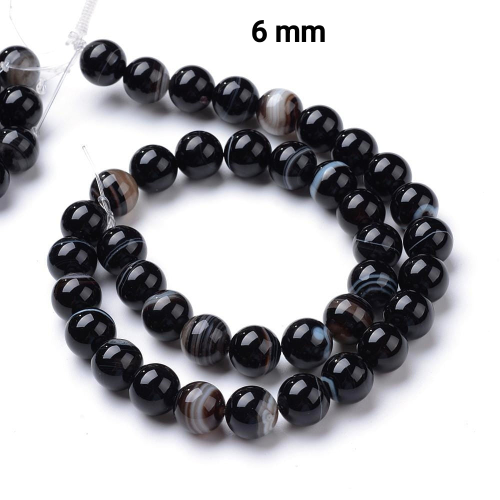 Agate Noire Naturelle — Perles Rondes 6/8/10mm | Fil ~39 cm