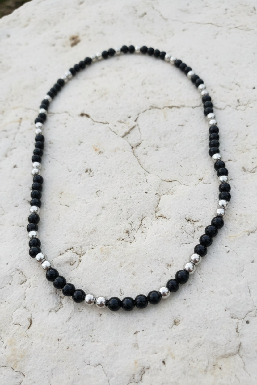 Black Agate and Hematite Mala Necklace — 8mm Beads | 75 cm