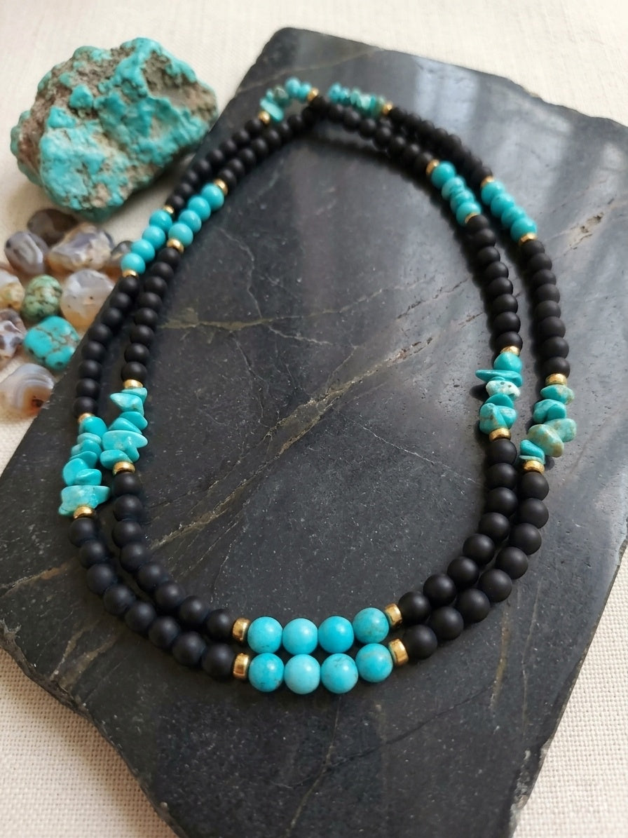 Long Necklace Black Agate, Turquoise and Golden Hematite — 120 cm