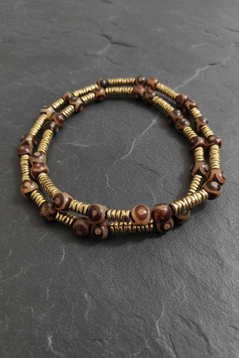 Tibetan Dzi Agate and Antique Gold Hematite Mala Necklace — 75 cm