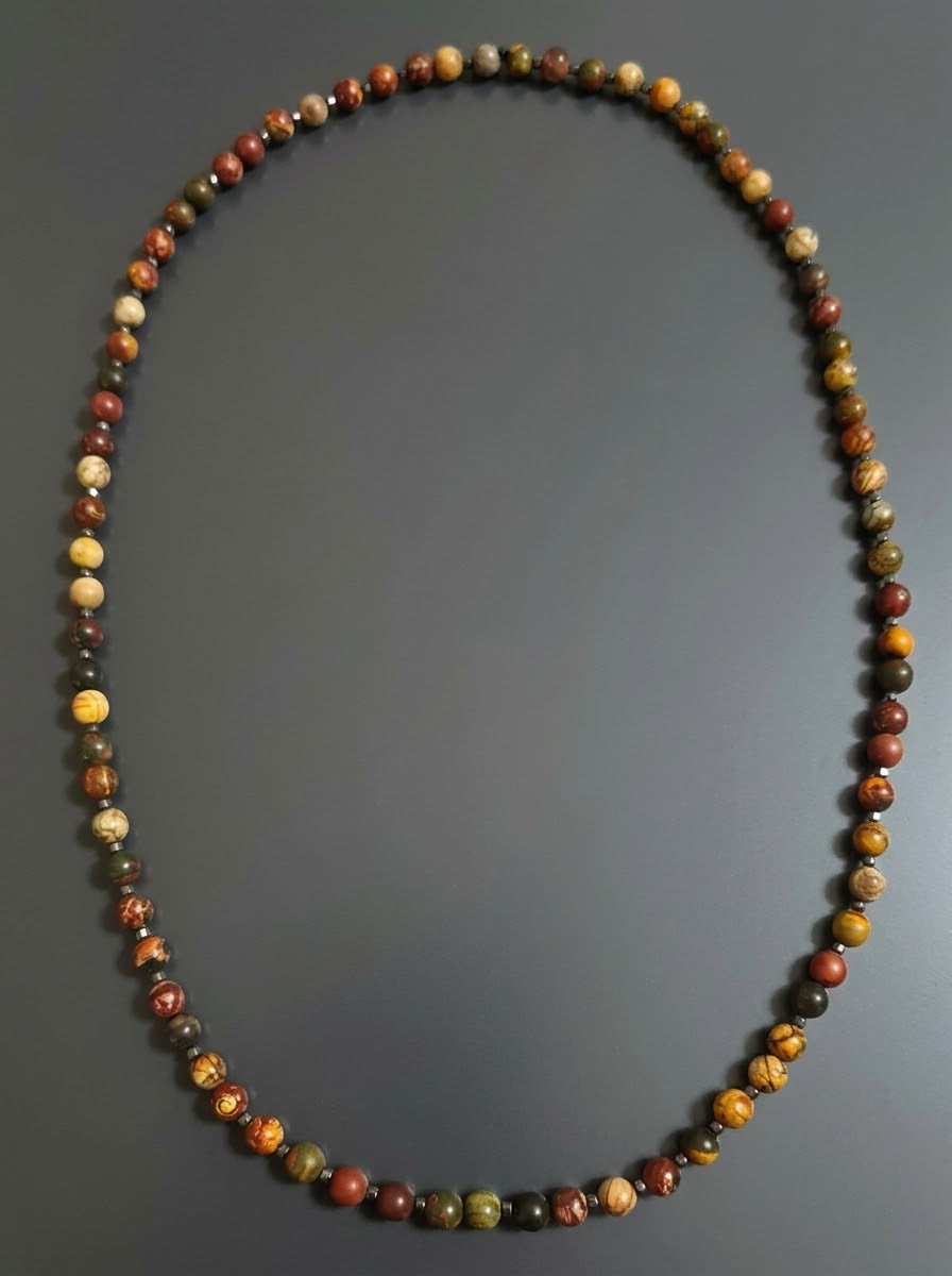 Collana Mala di Diaspro Picasso ed Ematite — Sfere 8mm | 80 cm