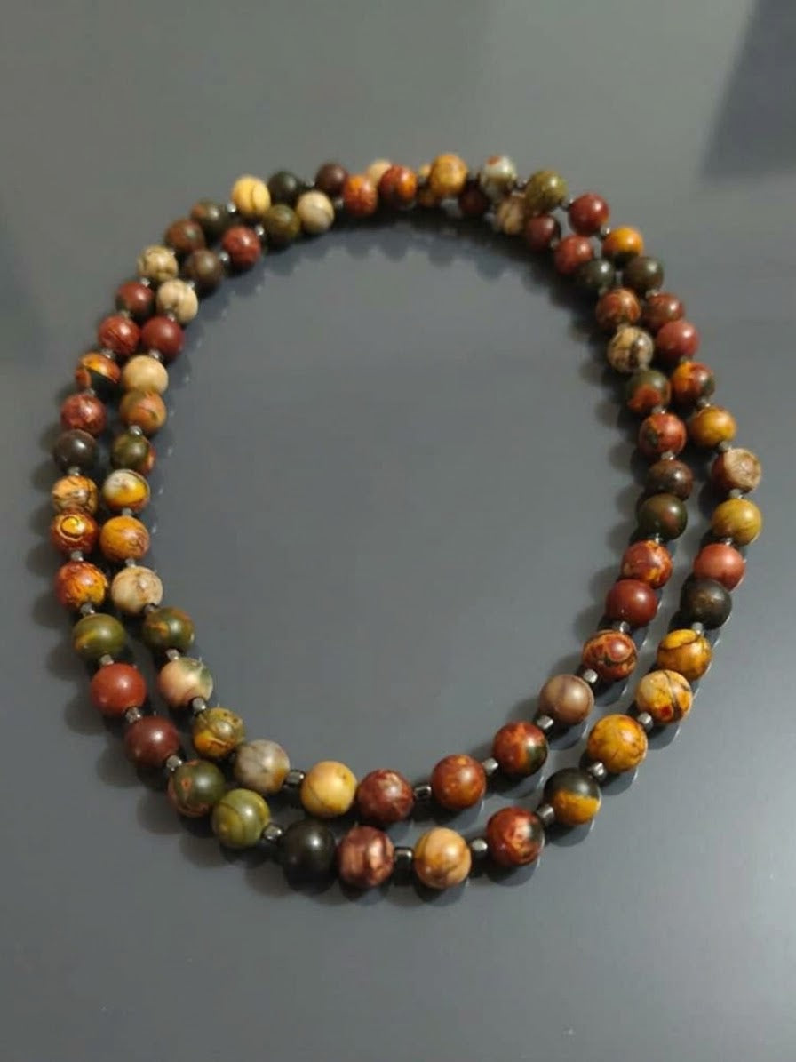 Collana Mala di Diaspro Picasso ed Ematite — Sfere 8mm | 80 cm