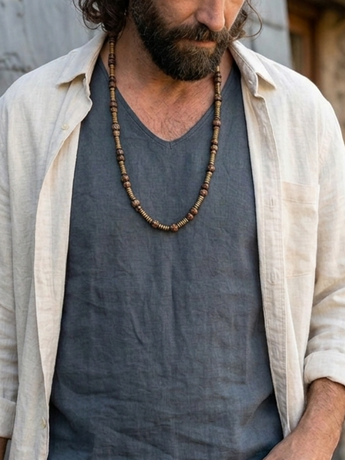 Tibetan Dzi Agate and Antique Gold Hematite Mala Necklace — 75 cm
