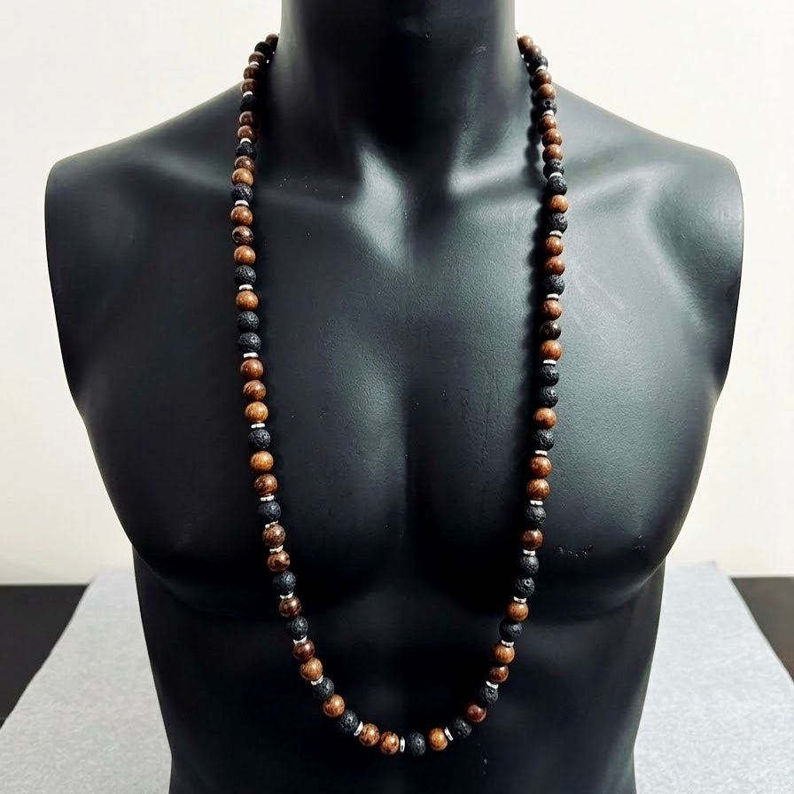 Collana Mala di Ossidiana Mogano, Roccia Lavica ed Ematite — Sfere 8mm | 75 cm