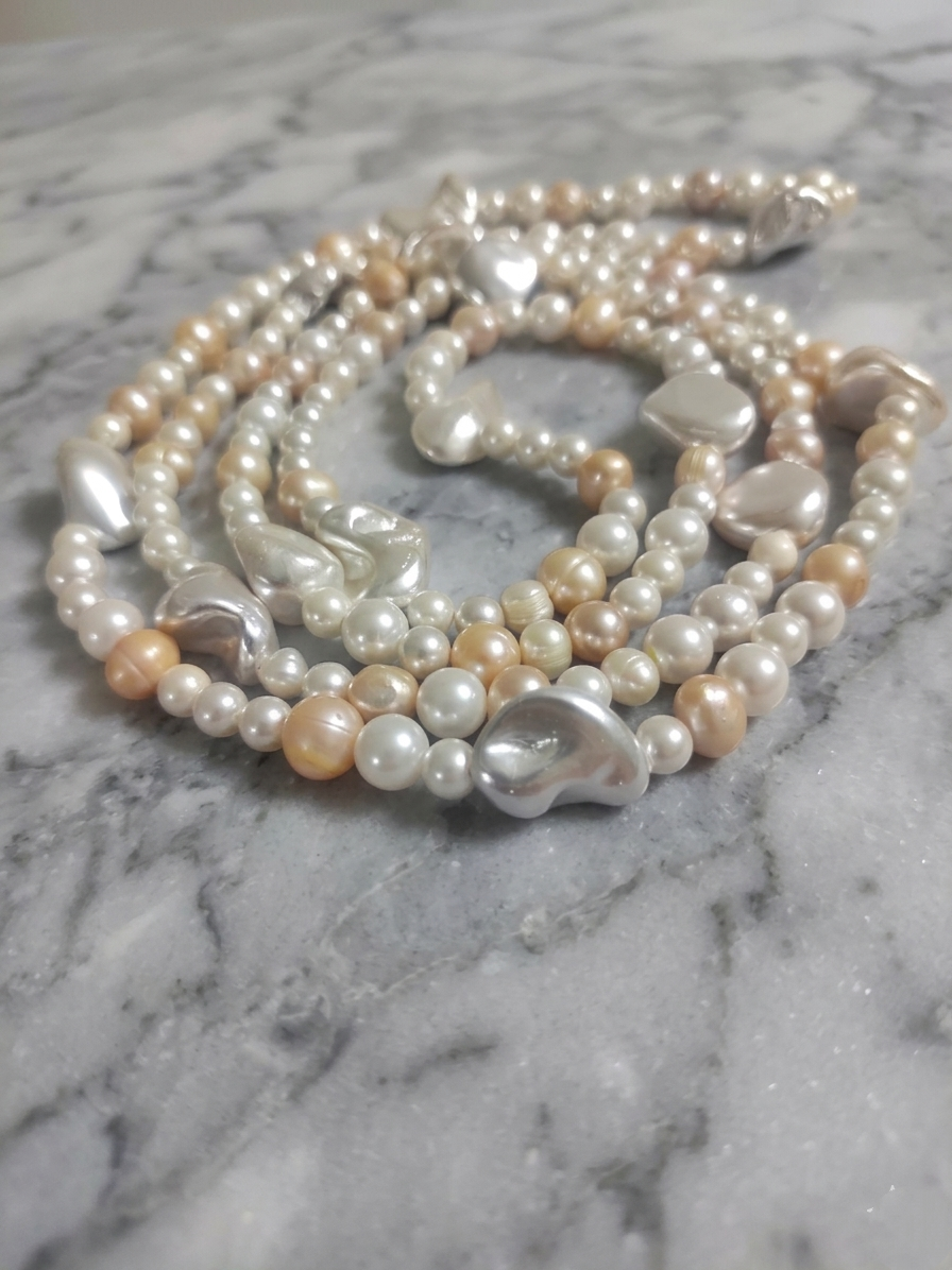 Natural Pearl and Mother of Pearl Necklace — White, Silver, and Pink | 135 cm
