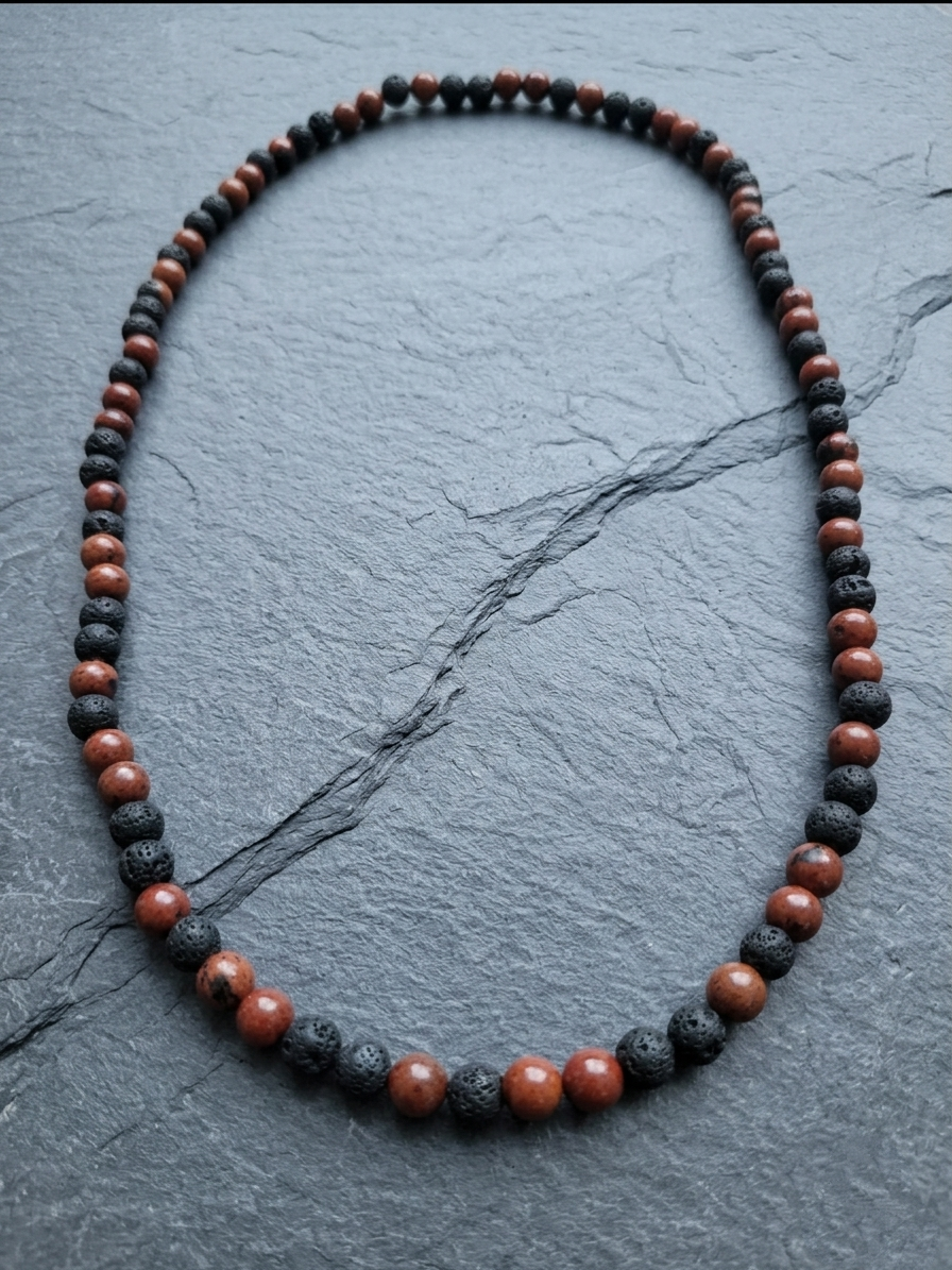 Mahogany Obsidian and Lava Rock Mala Necklace — 8mm Beads | 75 cm