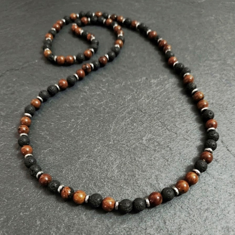 Collana Mala di Ossidiana Mogano, Roccia Lavica ed Ematite — Sfere 8mm | 75 cm