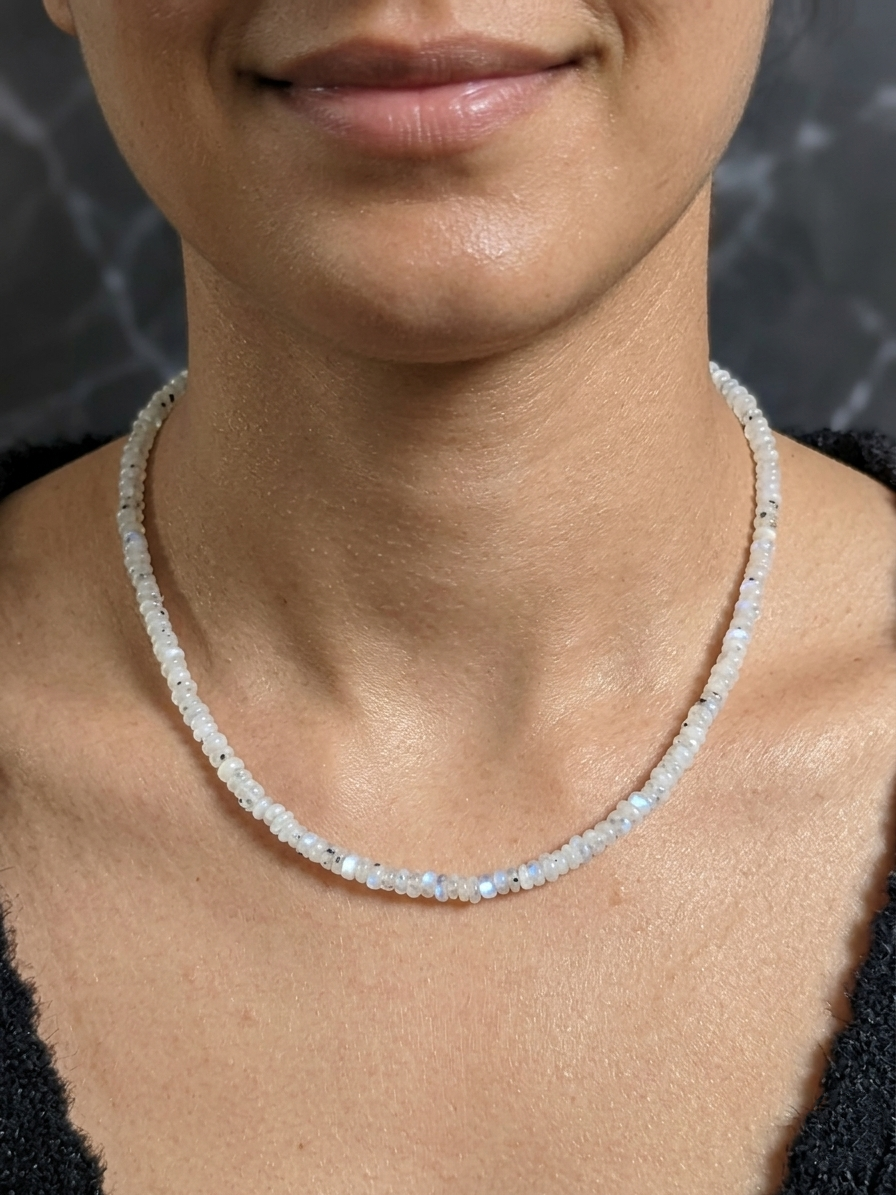 White Labradorite (Rainbow Moonstone) Necklace — Rondelle 3-5mm | 50 cm
