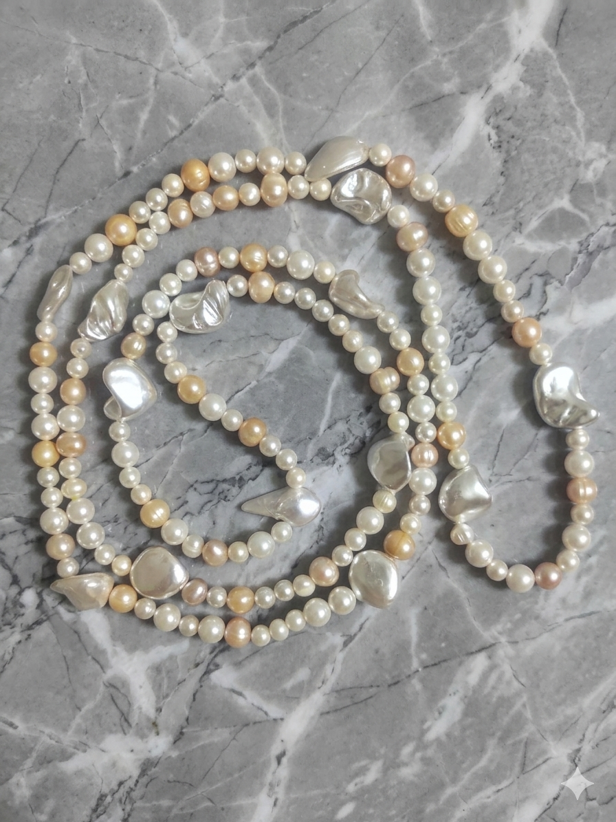 Natural Pearl and Mother of Pearl Necklace — White, Silver, and Pink | 135 cm