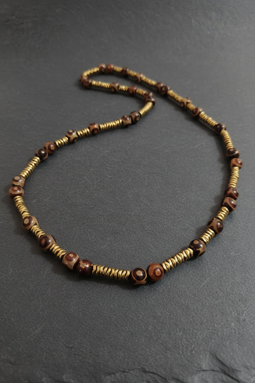 Tibetan Dzi Agate and Antique Gold Hematite Mala Necklace — 75 cm