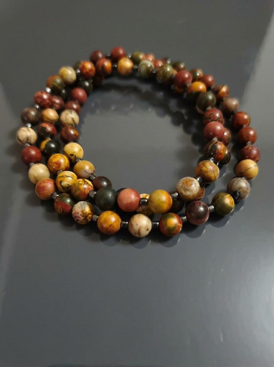 Collana Mala di Diaspro Picasso ed Ematite — Sfere 8mm | 80 cm