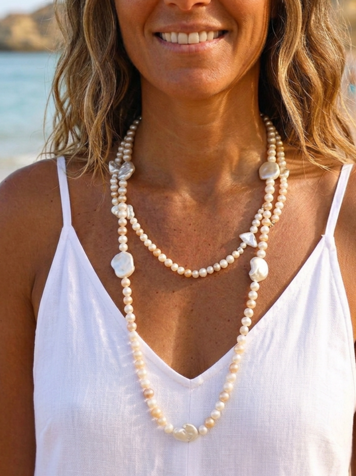 Natural Pearl and Mother of Pearl Necklace — White, Silver, and Pink | 135 cm