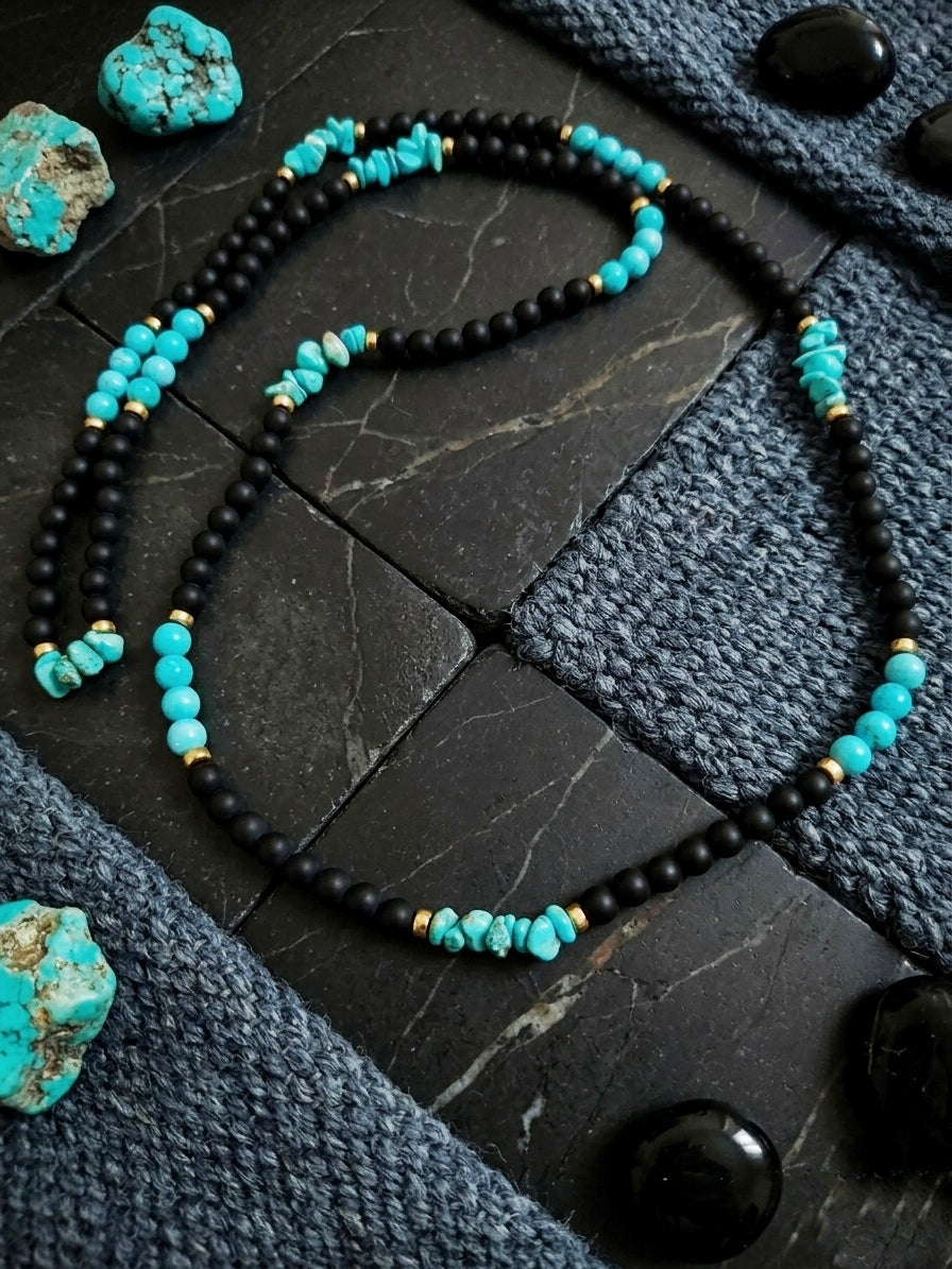 Long Necklace Black Agate, Turquoise and Golden Hematite — 120 cm